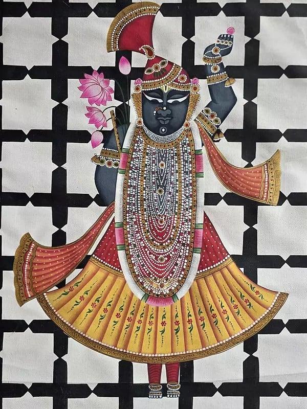 Exotic India Lord Shrinathji With Lotus | Watercolor On Cotton | Pichwai Art 