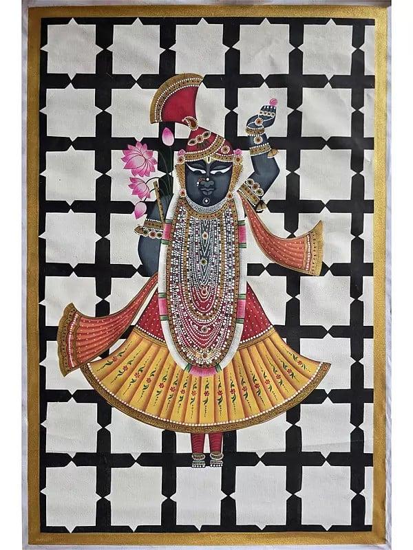 exotic india Lord Shrinathji With Lotus | Watercolor On Cotton | Pichwai Art 