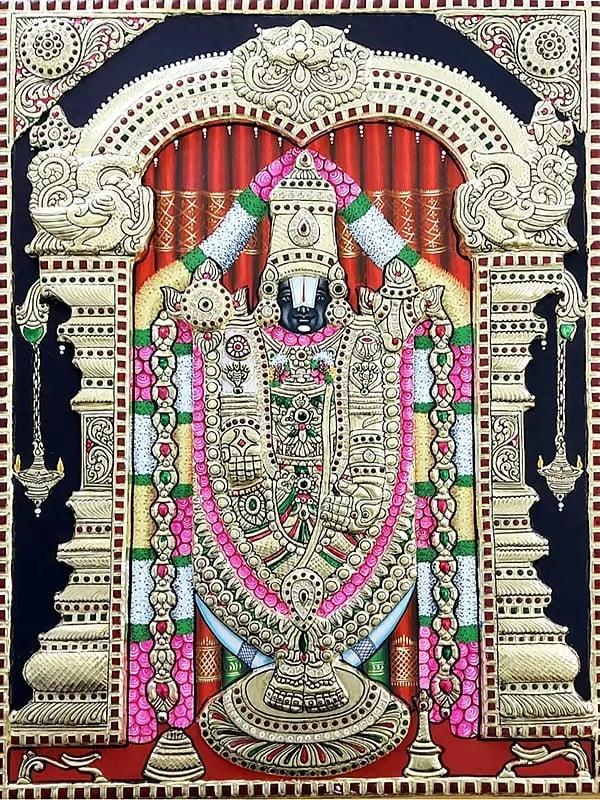 exotic india Lord Tirupati Balaji Tanjore Painting | Traditional Colors with Gold Work 