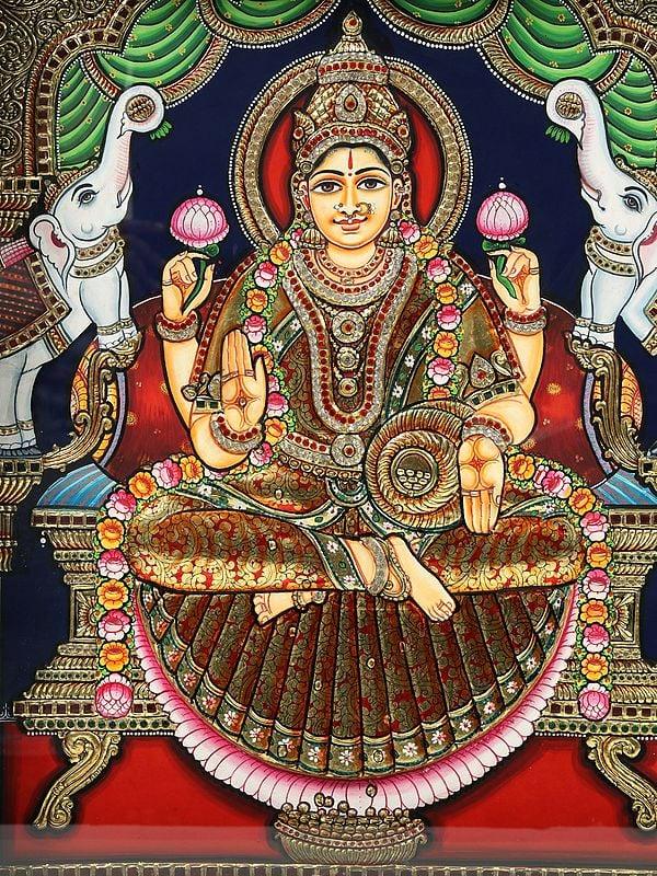 Exotic India Lord Tirupati Balaji (Venkateshvara) With Goddess Gajalakshmi | Embossed Tanjore Painting 
