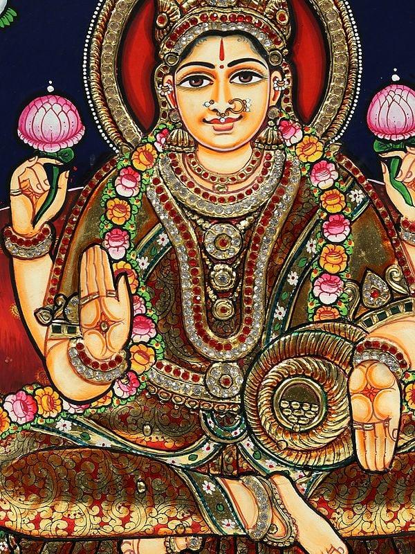 Exotic India Lord Tirupati Balaji (Venkateshvara) With Goddess Gajalakshmi | Embossed Tanjore Painting 