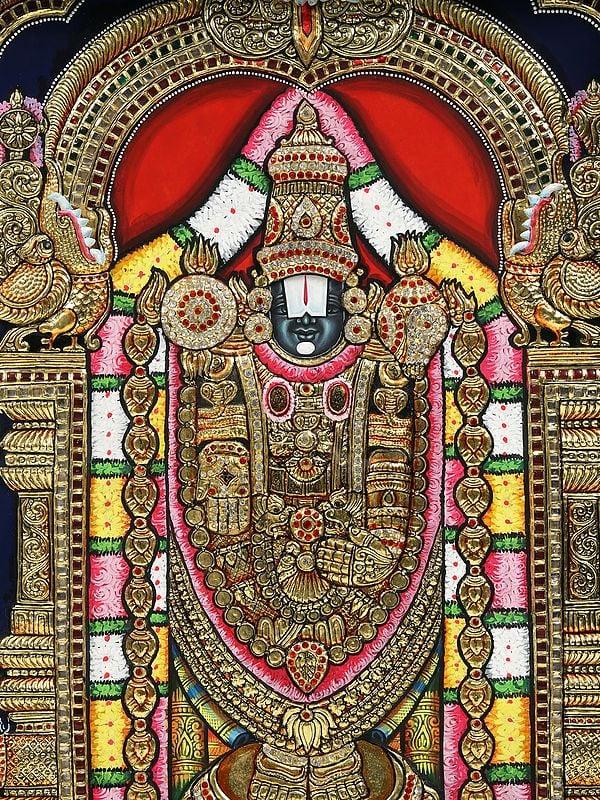 Exotic India Lord Tirupati Balaji (Venkateshvara) With Goddess Gajalakshmi | Embossed Tanjore Painting 