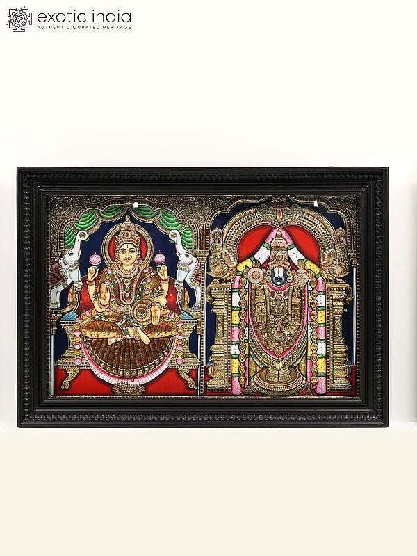 exotic india Lord Tirupati Balaji (Venkateshvara) with Goddess Gajalakshmi | Embossed Tanjore Painting 
