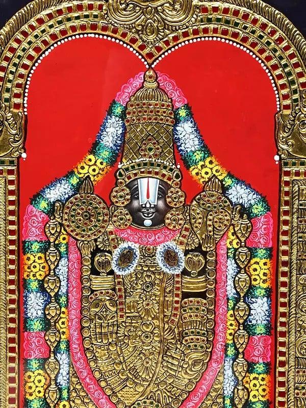 Exotic India Lord Venkateshvara As Balaji Tanjore Painting | Traditional Colors With 24K Gold | Framed Tanjore Painting 