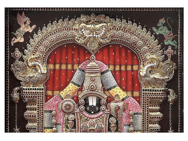 Exotic India Lord Venkateshvara As Balaji Tanjore Painting | Traditional Colors With 24K Gold | Teakwood Frame | Gold & Wood | Handmade | Made In India
