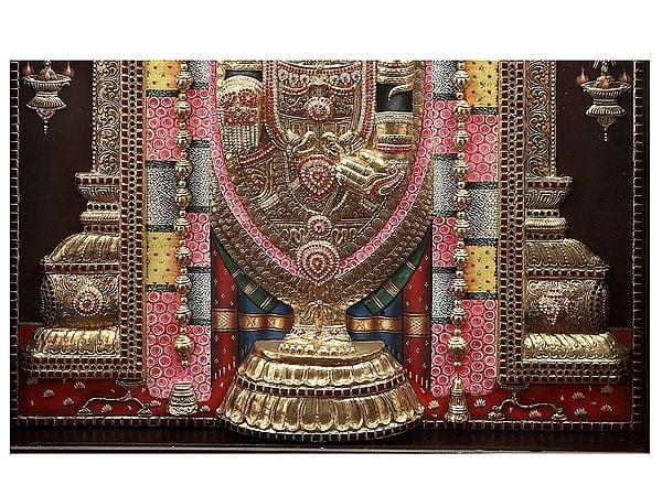 Exotic India Lord Venkateshvara As Balaji Tanjore Painting | Traditional Colors With 24K Gold | Teakwood Frame | Gold & Wood | Handmade | Made In India