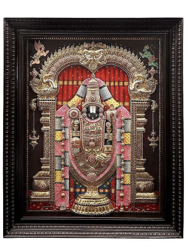 exotic india Lord Venkateshvara as Balaji Tanjore Painting | Traditional Colors With 24K Gold | Teakwood Frame | Gold & Wood | Handmade | Made In India