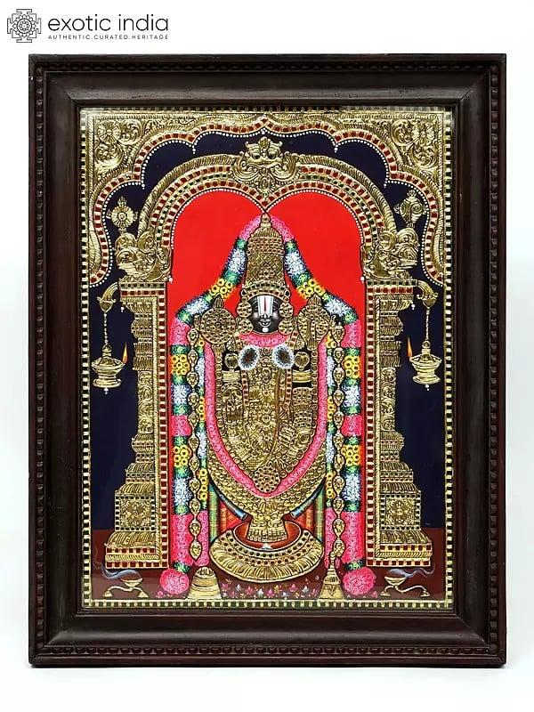 exotic india Lord Venkateshvara as Balaji Tanjore Painting | Traditional Colors With 24K Gold | Framed Tanjore Painting 
