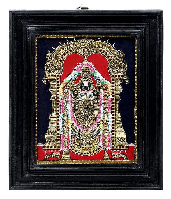 exotic india Lord Venkateshvara Balaji Tanjore Painting | Traditional Colors with 24K Gold | Teakwood Frame 