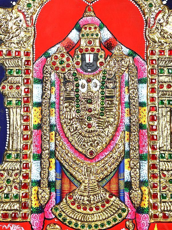 Exotic India Lord Venkateshvara (Tirupati Balaji) | 24 Karat Gold Work | Framed Tanjore Painting