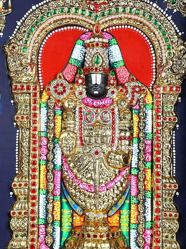 Exotic India Lord Venkateshvara (Tirupati Balaji) With Goddess Padmavathi | 24 Karat Gold Work | Framed Tanjore Painting 