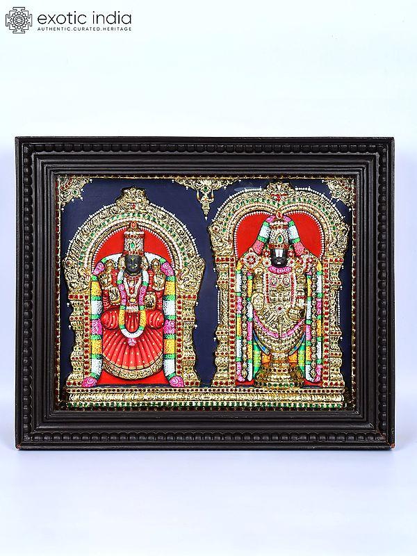 exotic india Lord Venkateshvara (Tirupati Balaji) with Goddess Padmavathi | 24 Karat Gold Work | Framed Tanjore Painting 