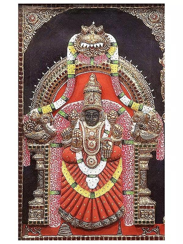 Exotic India Lord Venkateshvara With Devi Padmavati Tanjore Painting | Traditional Colors With 24K Gold | Teakwood Frame | Gold & Wood | Handmade