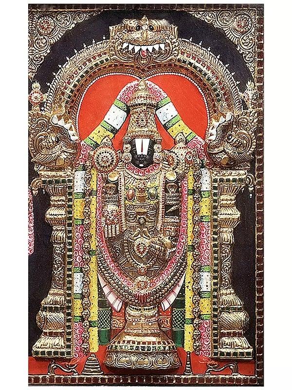 Exotic India Lord Venkateshvara With Devi Padmavati Tanjore Painting | Traditional Colors With 24K Gold | Teakwood Frame | Gold & Wood | Handmade