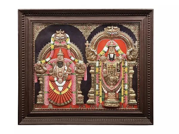 exotic india Lord Venkateshvara with devi Padmavati Tanjore Painting | Traditional Colors With 24K Gold | Teakwood Frame | Gold & Wood | Handmade