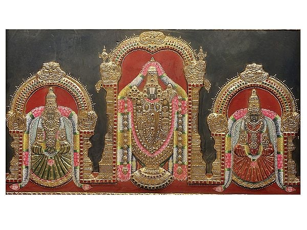 Exotic India Lord Venkateshvara With Sridevi Bhudevi Tanjore Painting | Traditional Colors With 24K Gold | Teakwood Frame | Handmade Artwork