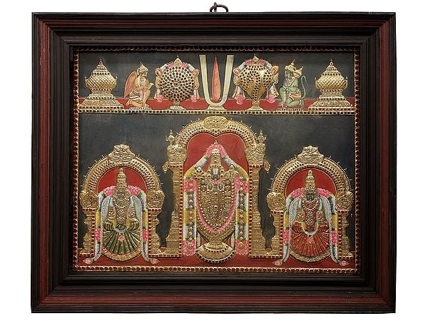 exotic india Lord Venkateshvara with Sridevi Bhudevi Tanjore Painting | Traditional Colors With 24K Gold | Teakwood Frame | Handmade Artwork
