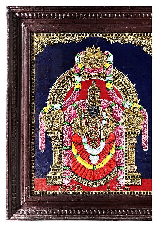 Exotic India Lord Venkateswara As Balaji At Tirupati With Goddess Lakshmi Tanjore Painting | Teakwood Frame | 24K Gold & Wood | Made In India 