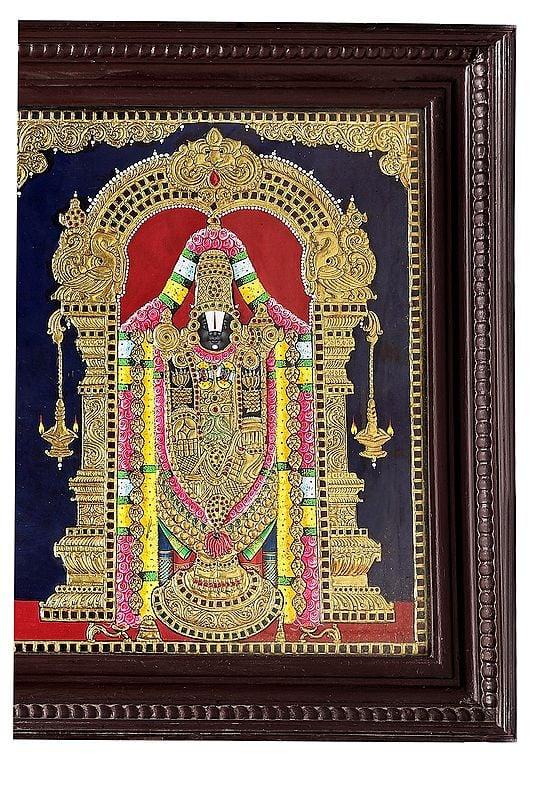 Exotic India Lord Venkateswara As Balaji At Tirupati With Goddess Lakshmi Tanjore Painting | Teakwood Frame | 24K Gold & Wood | Made In India 