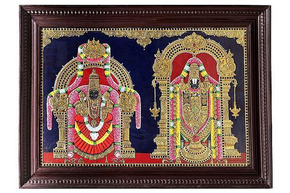 exotic india Lord Venkateswara as Balaji At Tirupati With Goddess Lakshmi Tanjore Painting | Teakwood Frame | 24K Gold & Wood | Made In India