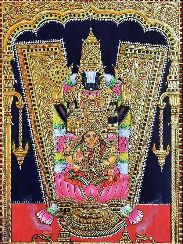 Exotic India Lord Venkateswara (Tirupati Balaji) With Goddess Lakshmi | Prabhu Tanjore Painting | With Frame