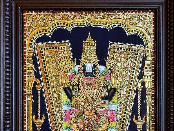 Exotic India Lord Venkateswara (Tirupati Balaji) With Goddess Lakshmi | Prabhu Tanjore Painting | With Frame