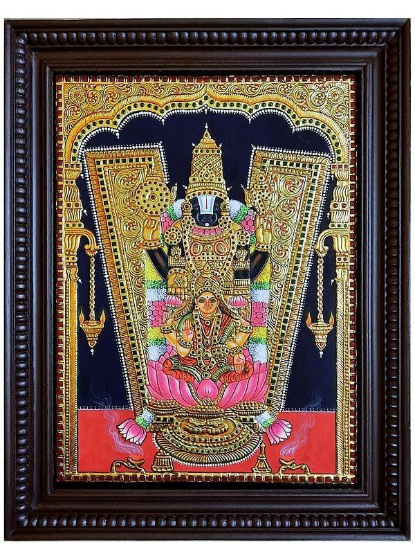 exotic india Lord Venkateswara (Tirupati Balaji) with Goddess Lakshmi | Prabhu Tanjore Painting | With Frame