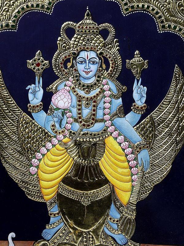 Exotic India Lord Vishnu Seated On Garuda | Framed Tanjore Painting | 24 Karat Gold Work 