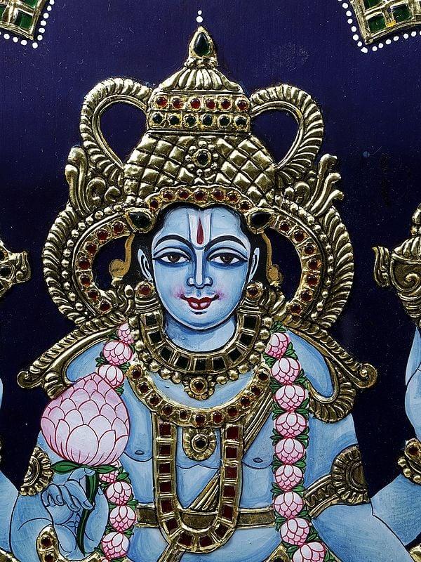 Exotic India Lord Vishnu Seated On Garuda | Framed Tanjore Painting | 24 Karat Gold Work 