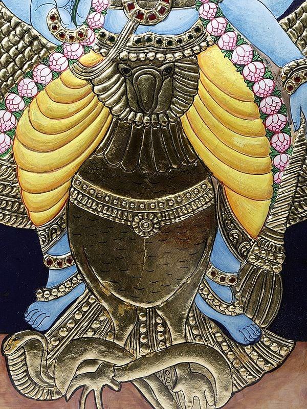 Exotic India Lord Vishnu Seated On Garuda | Framed Tanjore Painting | 24 Karat Gold Work 
