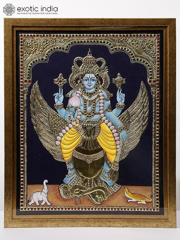 exotic india Lord Vishnu Seated on Garuda | Framed Tanjore Painting | 24 Karat Gold Work 