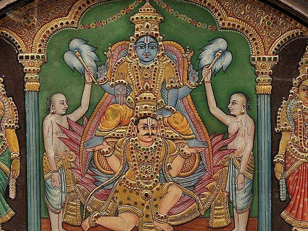 Exotic India Lord Vishnu Seated On Garuda | Semicircle Shape Tanjore Painting | With Vintage Teakwood Frame