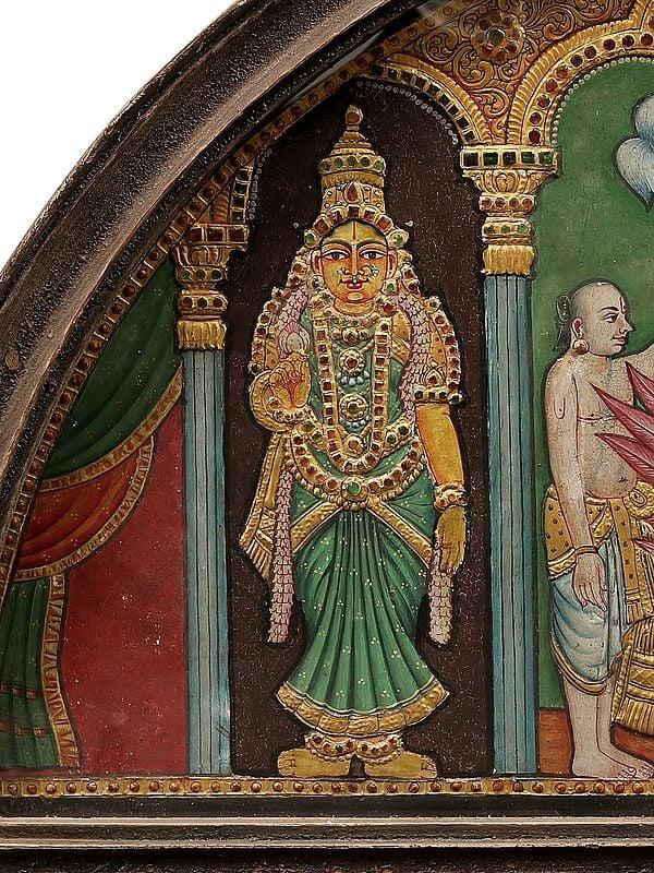 Exotic India Lord Vishnu Seated On Garuda | Semicircle Shape Tanjore Painting | With Vintage Teakwood Frame