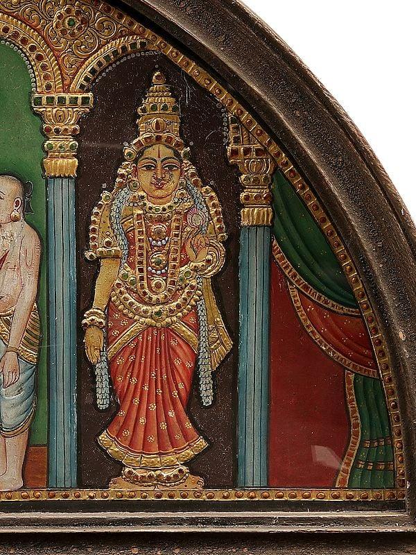 Exotic India Lord Vishnu Seated On Garuda | Semicircle Shape Tanjore Painting | With Vintage Teakwood Frame