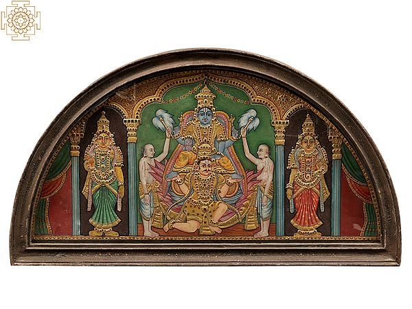 exotic india Lord Vishnu Seated on Garuda | Semicircle Shape Tanjore Painting | With Vintage Teakwood Frame