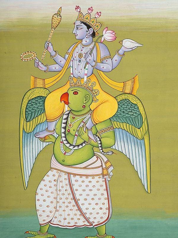 Exotic India Lord Vishnu Seated On Garuda | Watercolor Painting From Jaipur 