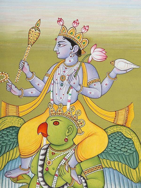Exotic India Lord Vishnu Seated On Garuda | Watercolor Painting From Jaipur 