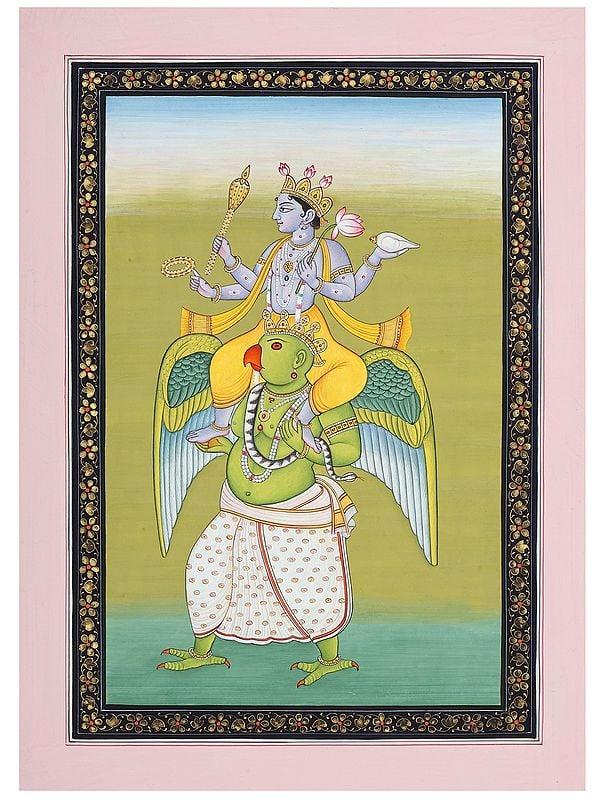 exotic india Lord Vishnu Seated on Garuda | Watercolor Painting from Jaipur 