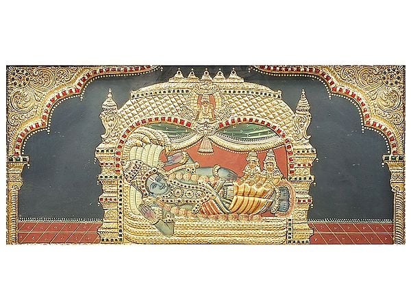 Exotic India Lord Vishnu With Ashtalakshmi Tanjore Painting | Traditional Colors With 24K Gold | Teakwood Frame | Gold & Wood | Handmade 