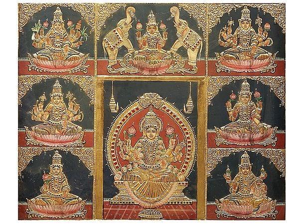 Exotic India Lord Vishnu With Ashtalakshmi Tanjore Painting | Traditional Colors With 24K Gold | Teakwood Frame | Gold & Wood | Handmade 