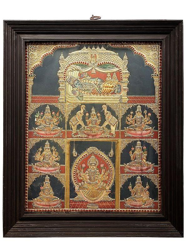 exotic india Lord Vishnu with Ashtalakshmi Tanjore Painting | Traditional Colors With 24K Gold | Teakwood Frame | Gold & Wood | Handmade