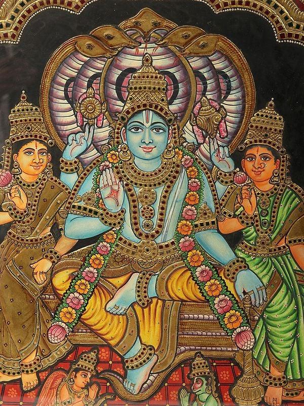 Exotic India Lord Vishnu With Bhu Devi And Shri Devi - Tanjore Painting With Frame | Traditional Colors With Gold Work 