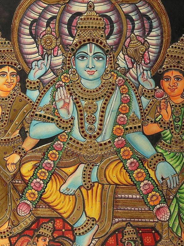 Exotic India Lord Vishnu With Bhu Devi And Shri Devi - Tanjore Painting With Frame | Traditional Colors With Gold Work 