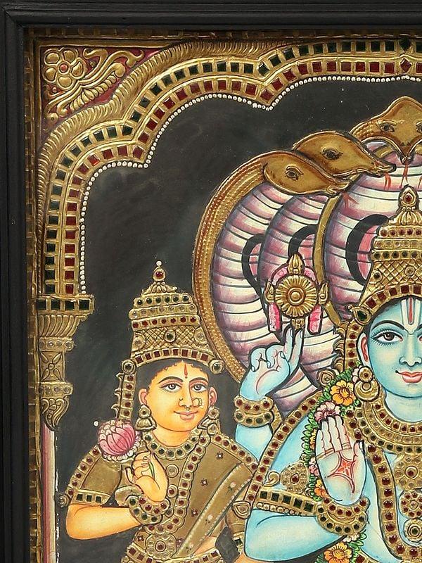Exotic India Lord Vishnu With Bhu Devi And Shri Devi - Tanjore Painting With Frame | Traditional Colors With Gold Work 