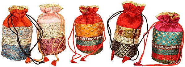 exotic india Lot of Five Drawstring Potli Bags with Brocade Weave 