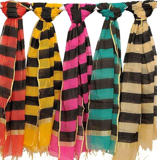 exotic india Lot of Five Dupattas with Woven Black Stripes