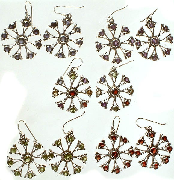 exotic india Lot of Five Faceted Gemstone Earrings (Iolite Amethyst Multicolor Peridot Garnet) 