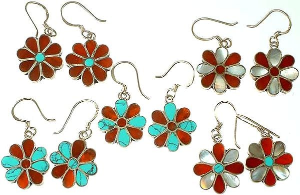 exotic india Lot of Five Floral Inlay Earrings | Sterling Silver Jewelry 