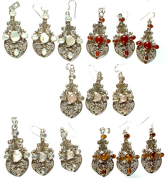 exotic india Lot of Five Gemstone Pendants with Earrings Set (Shell Carnelian Rose Quartz Rainbow Moonstone and Tiger Eye) 