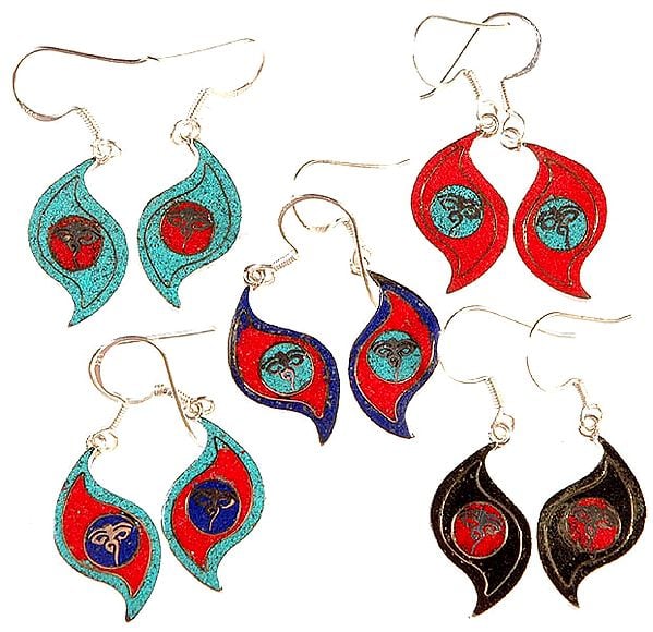 exotic india Lot of Five Nepalese Inlay Earrings with Swayambhunath Eyes 